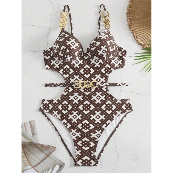 NWOT Swim Chiccia Women's Geometric Print Cut Out OnePiece Swimsuit Bathing Suit - Picture 5 of 6
